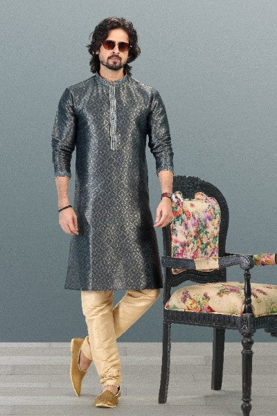 Raivat Ethnic Jacquard Banarasi Silk Pintux Work Kurta Pajama In Grey Colour