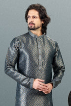 Raivat Ethnic Jacquard Banarasi Silk Pintux Work Kurta Pajama In Grey Colour