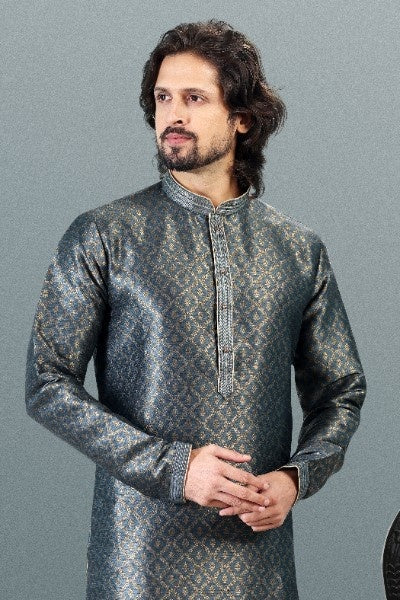 Raivat Ethnic Jacquard Banarasi Silk Pintux Work Kurta Pajama In Grey Colour