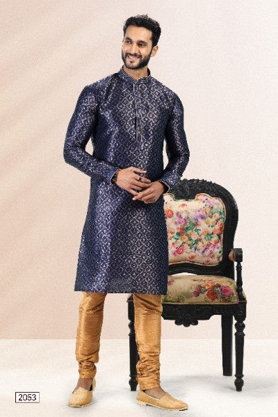 Raivat Ethnic Jacquard Banarasi Silk Pintux Work Kurta Pajama In Blue Colour