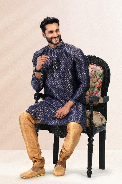 Raivat Ethnic Jacquard Banarasi Silk Pintux Work Kurta Pajama In Blue Colour