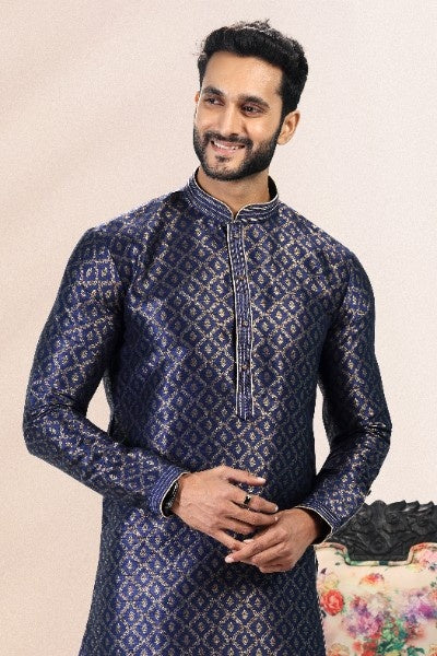 Raivat Ethnic Jacquard Banarasi Silk Pintux Work Kurta Pajama In Blue Colour