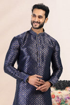 Raivat Ethnic Jacquard Banarasi Silk Pintux Work Kurta Pajama In Blue Colour