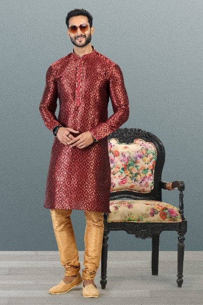 Raivat Ethnic Jacquard Banarasi Silk Pintux Work Kurta Pajama In Maroon Colour