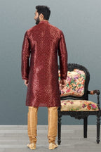 Raivat Ethnic Jacquard Banarasi Silk Pintux Work Kurta Pajama In Maroon Colour