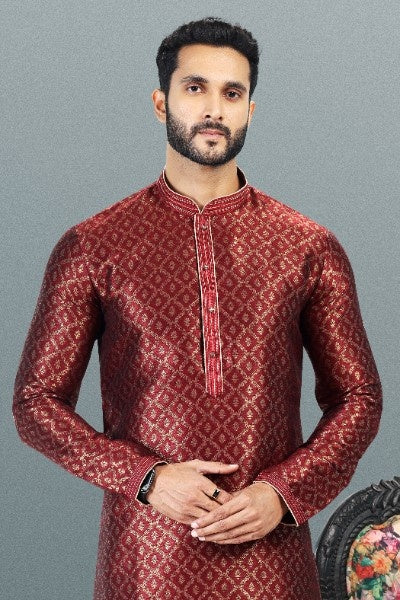 Raivat Ethnic Jacquard Banarasi Silk Pintux Work Kurta Pajama In Maroon Colour