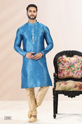Raivat Ethnic Jacquard Banarasi Silk Pintux Work Kurta Pajama In Blue Colour