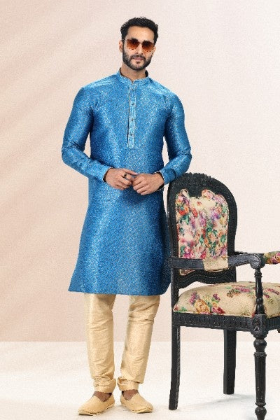 Raivat Ethnic Jacquard Banarasi Silk Pintux Work Kurta Pajama In Blue Colour