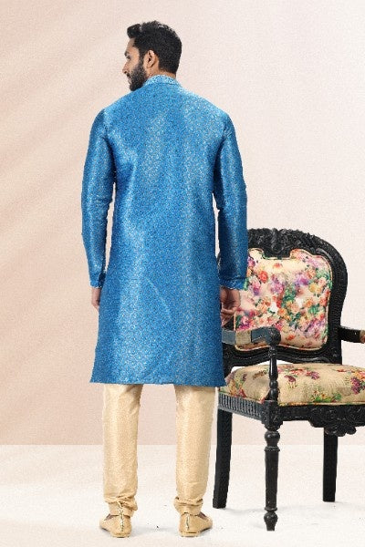Raivat Ethnic Jacquard Banarasi Silk Pintux Work Kurta Pajama In Blue Colour