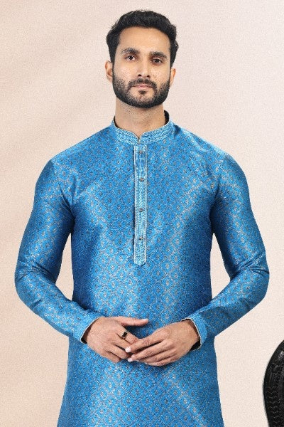 Raivat Ethnic Jacquard Banarasi Silk Pintux Work Kurta Pajama In Blue Colour