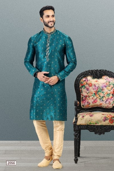 Raivat Ethnic Jacquard Banarasi Silk Pintux Work Kurta Pajama In Teal Green Colour