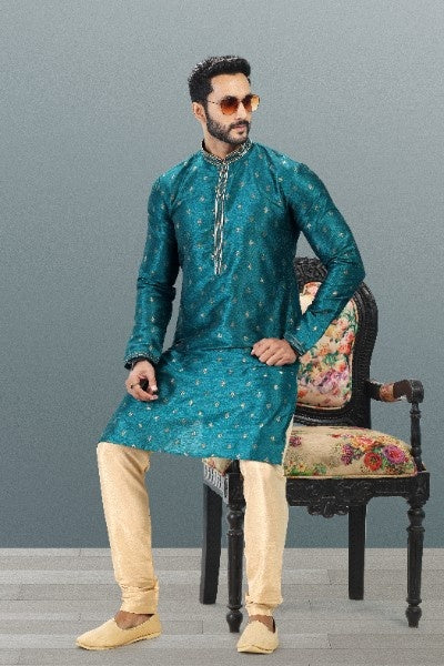 Raivat Ethnic Jacquard Banarasi Silk Pintux Work Kurta Pajama In Teal Green Colour