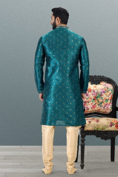 Raivat Ethnic Jacquard Banarasi Silk Pintux Work Kurta Pajama In Teal Green Colour