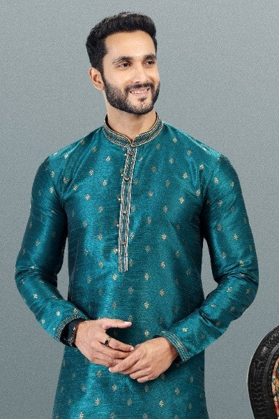 Raivat Ethnic Jacquard Banarasi Silk Pintux Work Kurta Pajama In Teal Green Colour