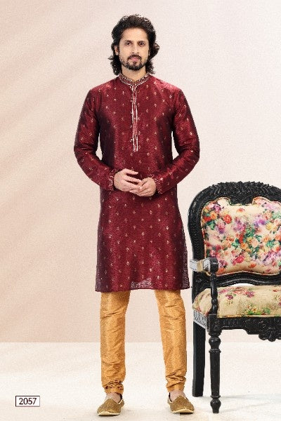 Raivat Ethnic Jacquard Banarasi Silk Pintux Work Kurta Pajama In Wine Colour