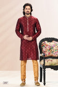Raivat Ethnic Jacquard Banarasi Silk Pintux Work Kurta Pajama In Wine Colour