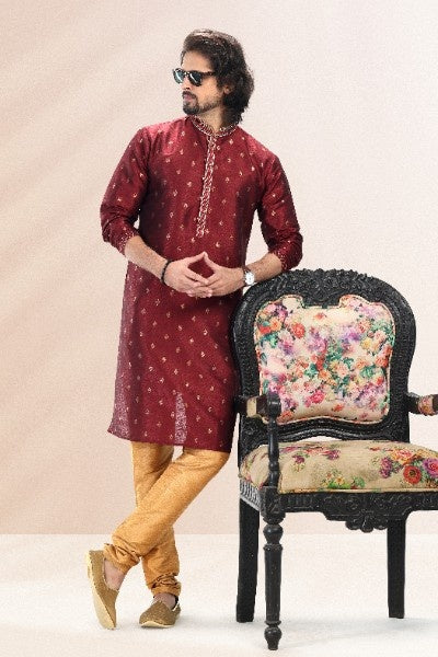 Raivat Ethnic Jacquard Banarasi Silk Pintux Work Kurta Pajama In Wine Colour
