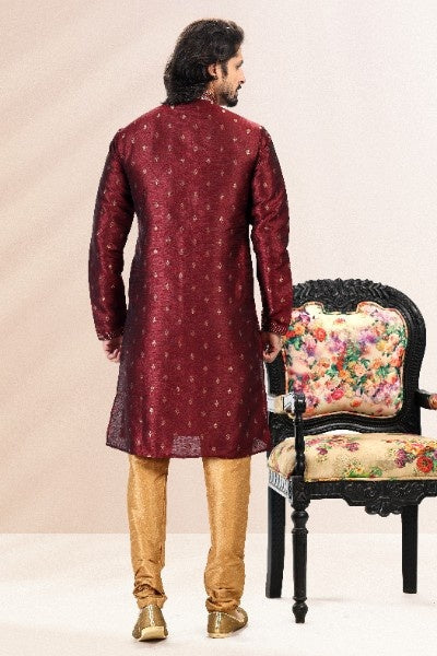 Raivat Ethnic Jacquard Banarasi Silk Pintux Work Kurta Pajama In Wine Colour
