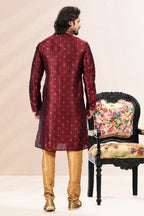 Raivat Ethnic Jacquard Banarasi Silk Pintux Work Kurta Pajama In Wine Colour
