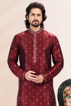 Raivat Ethnic Jacquard Banarasi Silk Pintux Work Kurta Pajama In Wine Colour