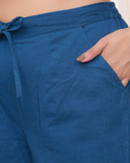 Vaasva Women Cobalt Blue Cotton Flax Solid Straight Pants