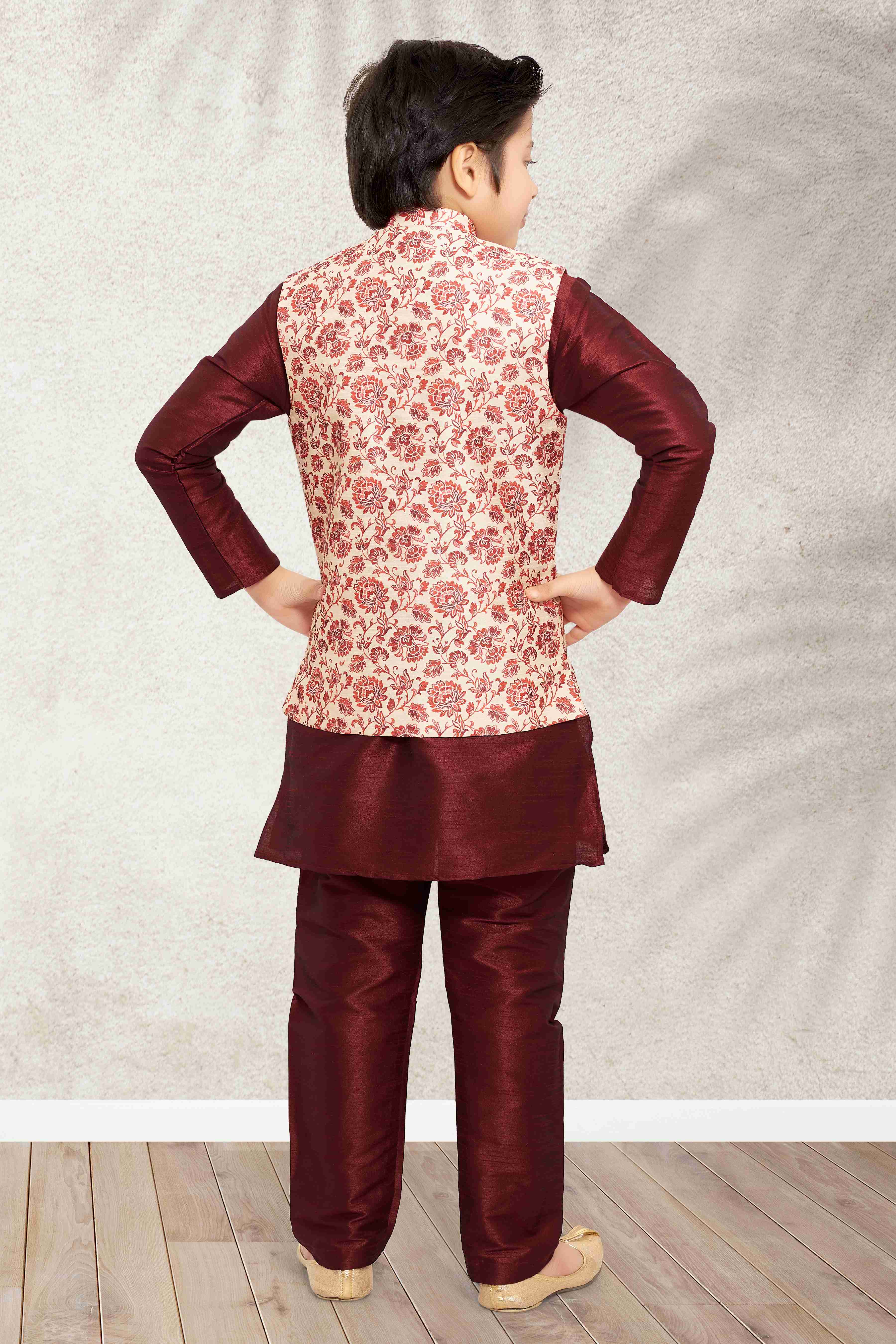 Raivat Ethnic Banarasi Silk Digital Printed Kurta Pajama With Jacket In Cream Colour - Distacart