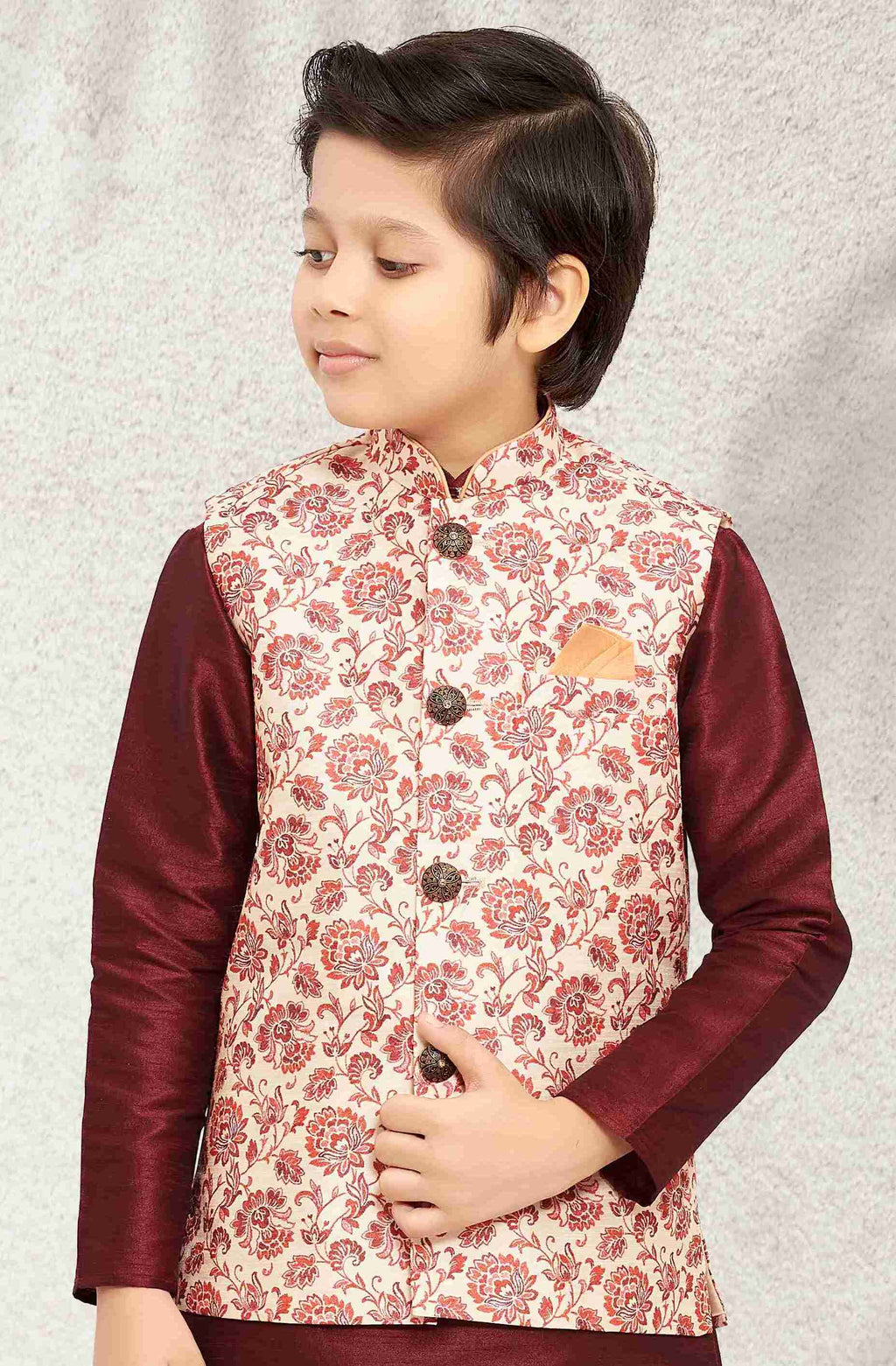 Raivat Ethnic Banarasi Silk Digital Printed Kurta Pajama With Jacket In Cream Colour - Distacart