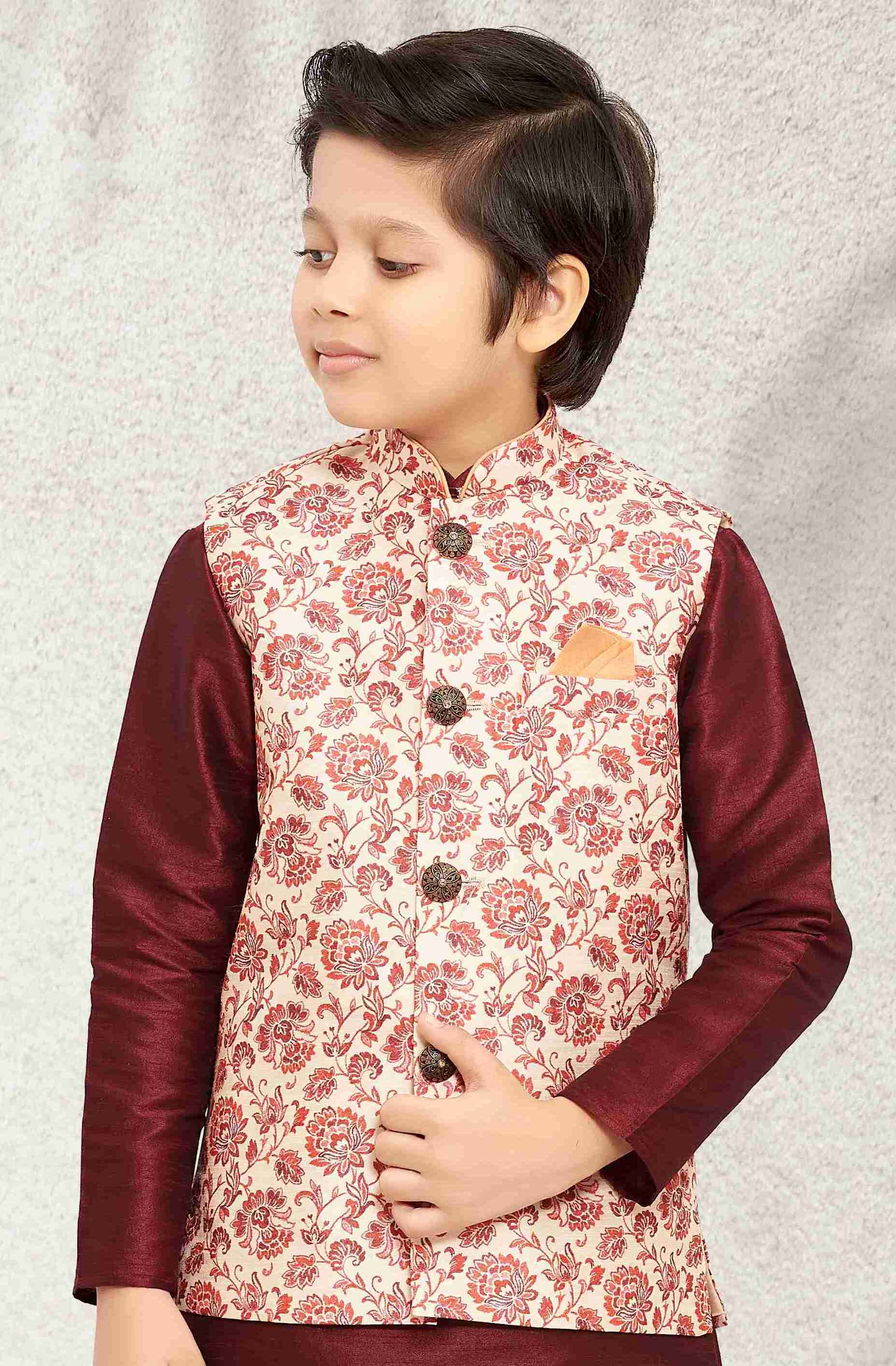 Raivat Ethnic Banarasi Silk Digital Printed Kurta Pajama With Jacket In Cream Colour - Distacart