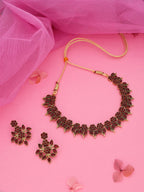 Tehzeeb Creations Maroon Colour Gold Pleated Stone Studded Necklace With Earrings