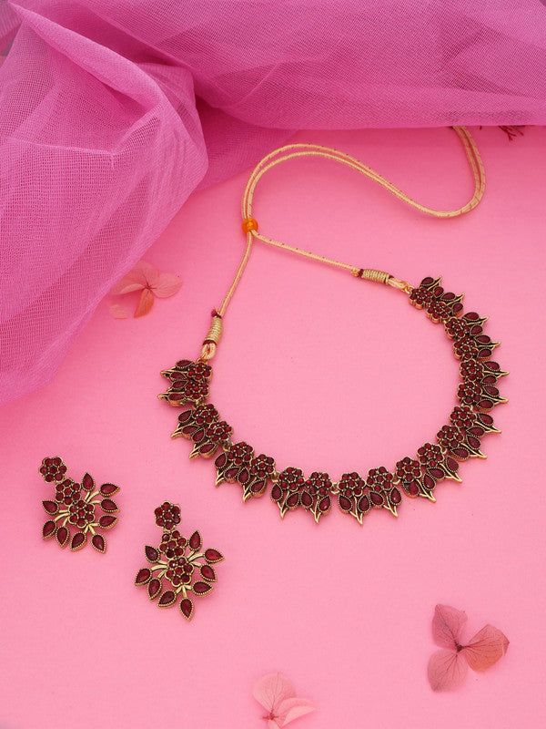 Tehzeeb Creations Maroon Colour Gold Pleated Stone Studded Necklace With Earrings