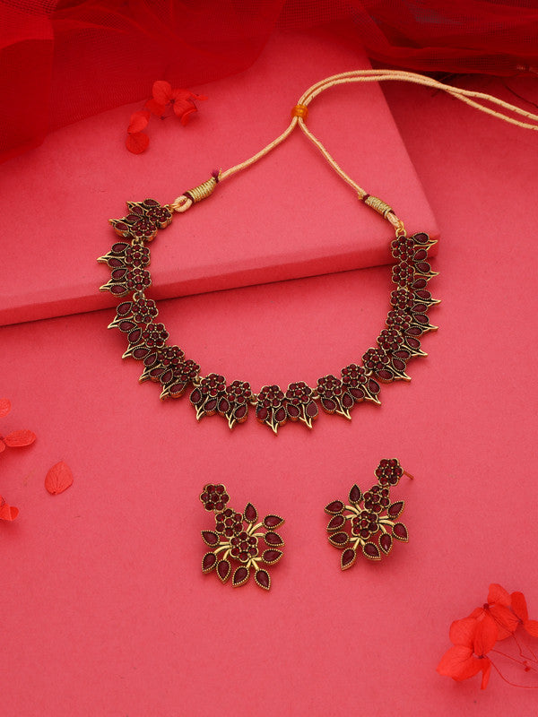 Tehzeeb Creations Maroon Colour Gold Pleated Stone Studded Necklace With Earrings