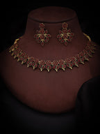 Tehzeeb Creations Maroon Colour Gold Pleated Stone Studded Necklace With Earrings