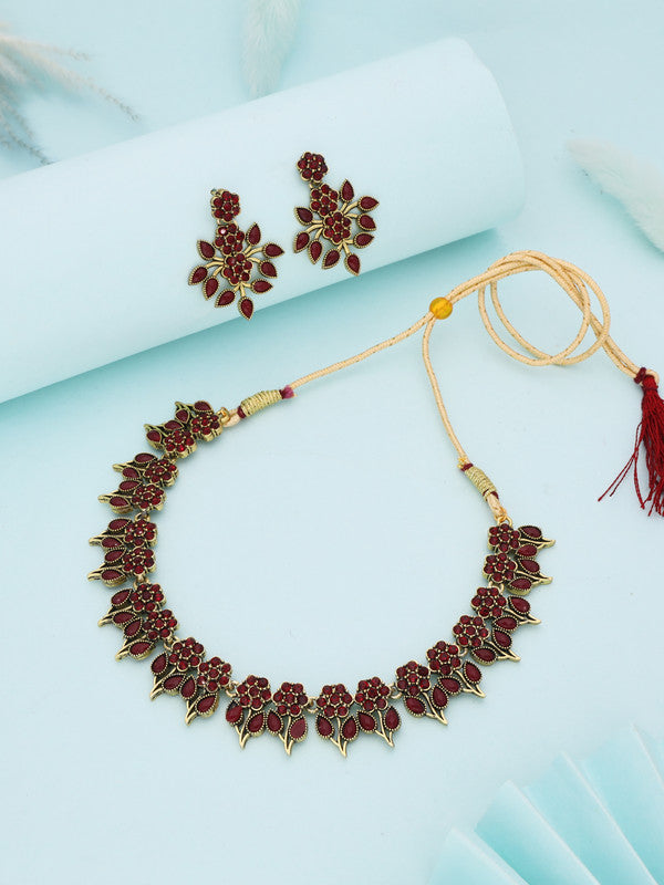 Tehzeeb Creations Maroon Colour Gold Pleated Stone Studded Necklace With Earrings