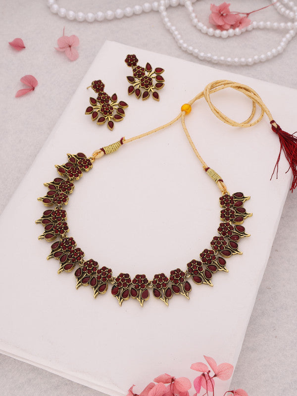 Tehzeeb Creations Maroon Colour Gold Pleated Stone Studded Necklace With Earrings