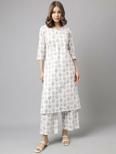 FIORRA Women's White Cotton A-Line Kurta Palazzo Set
