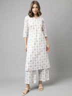 FIORRA Women's White Cotton A-Line Kurta Palazzo Set