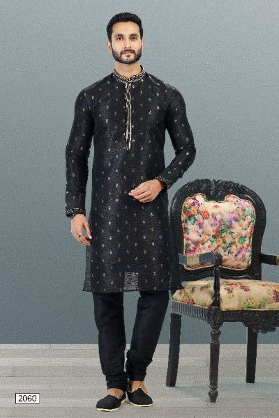 Raivat Ethnic Jacquard Banarasi Silk Pintux Work Kurta Pajama In Black Colour