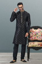 Raivat Ethnic Jacquard Banarasi Silk Pintux Work Kurta Pajama In Black Colour