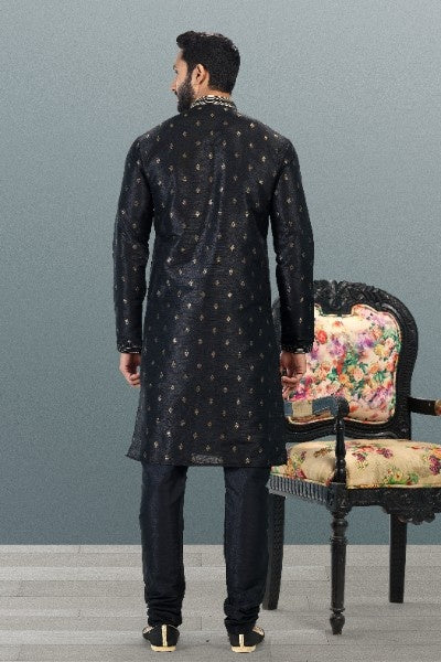 Raivat Ethnic Jacquard Banarasi Silk Pintux Work Kurta Pajama In Black Colour