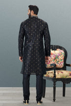 Raivat Ethnic Jacquard Banarasi Silk Pintux Work Kurta Pajama In Black Colour