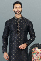 Raivat Ethnic Jacquard Banarasi Silk Pintux Work Kurta Pajama In Black Colour