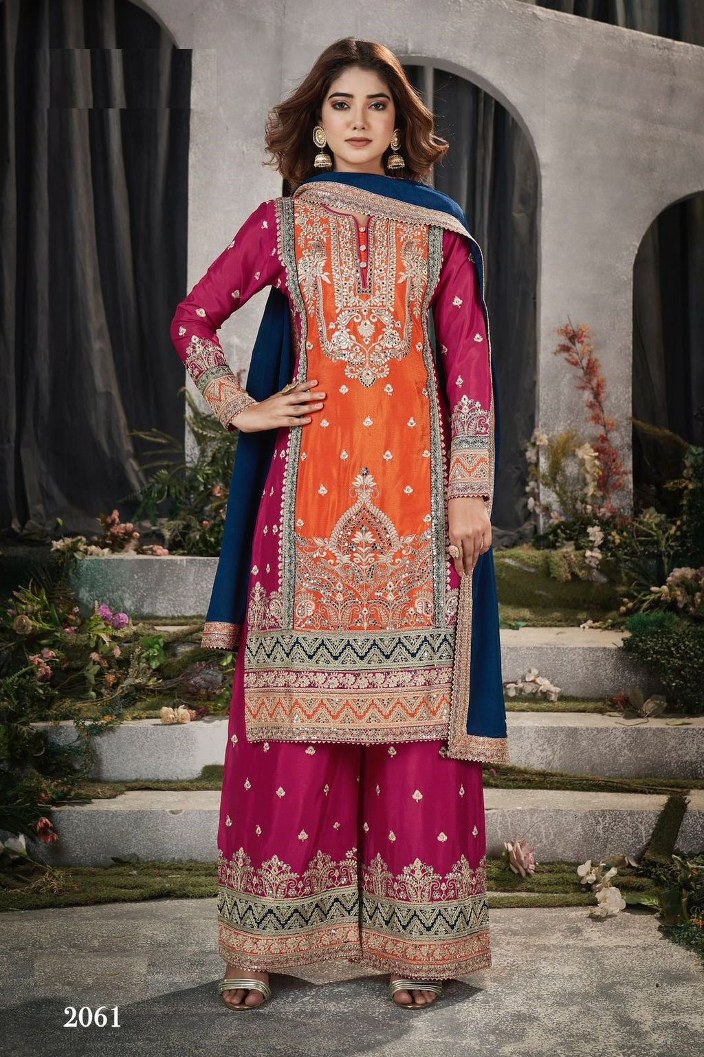 Anaita Orange And Pink Embroidered Viscose Chinon Salwar Suit - Distacart