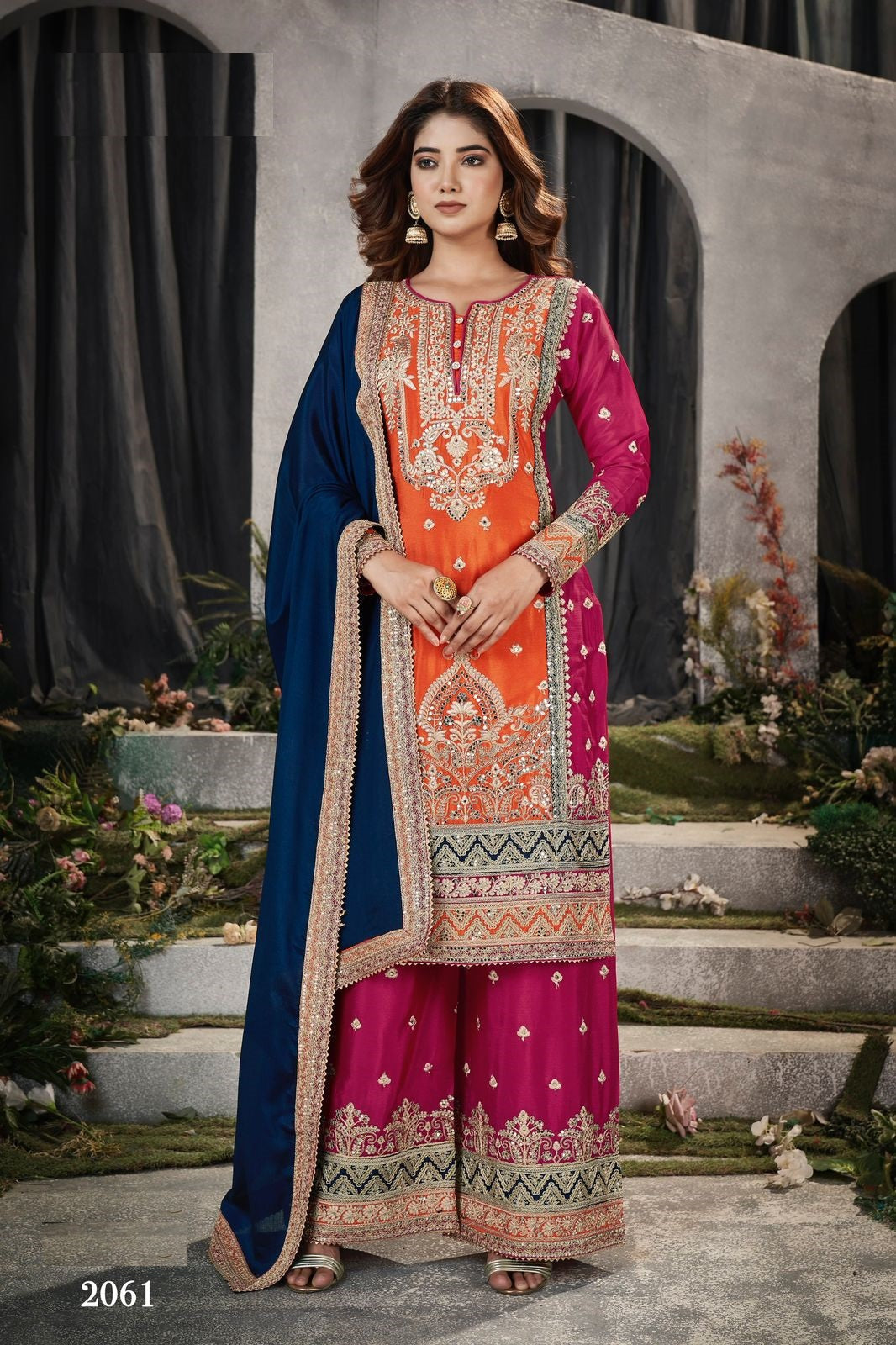Anaita Orange And Pink Embroidered Viscose Chinon Salwar Suit - Distacart