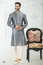 Raivat Ethnic Banarasi Silk Pintux Work Kurta Pajama In Grey Colour