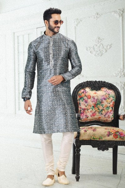 Raivat Ethnic Banarasi Silk Pintux Work Kurta Pajama In Grey Colour