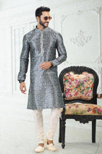Raivat Ethnic Banarasi Silk Pintux Work Kurta Pajama In Grey Colour