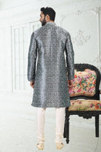 Raivat Ethnic Banarasi Silk Pintux Work Kurta Pajama In Grey Colour