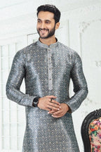 Raivat Ethnic Banarasi Silk Pintux Work Kurta Pajama In Grey Colour