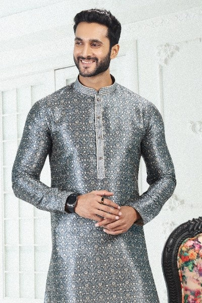 Raivat Ethnic Banarasi Silk Pintux Work Kurta Pajama In Grey Colour