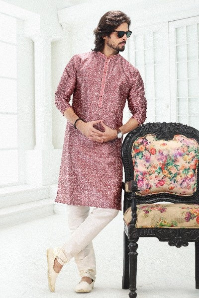 Raivat Ethnic Banarasi Silk Pintux Work Kurta Pajama In Dark Pink Colour